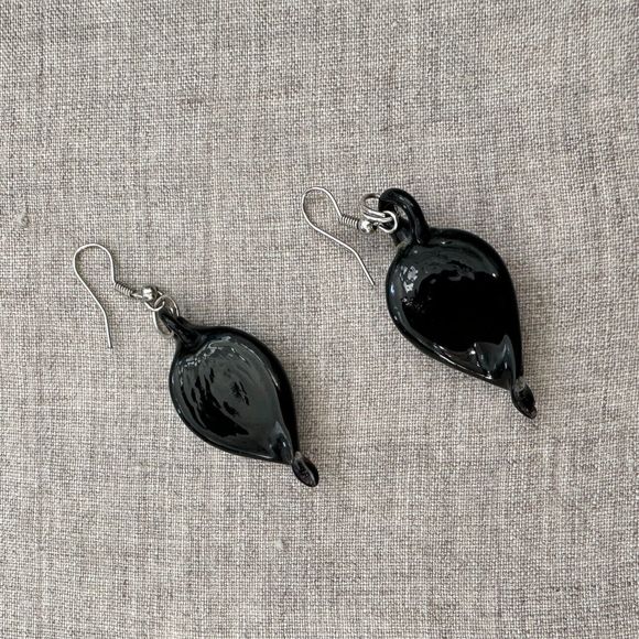 Artisan Lampwork Glass Teardrop Floral Dangle Earrings Black Blue Gold 2" - Picture 6 of 12